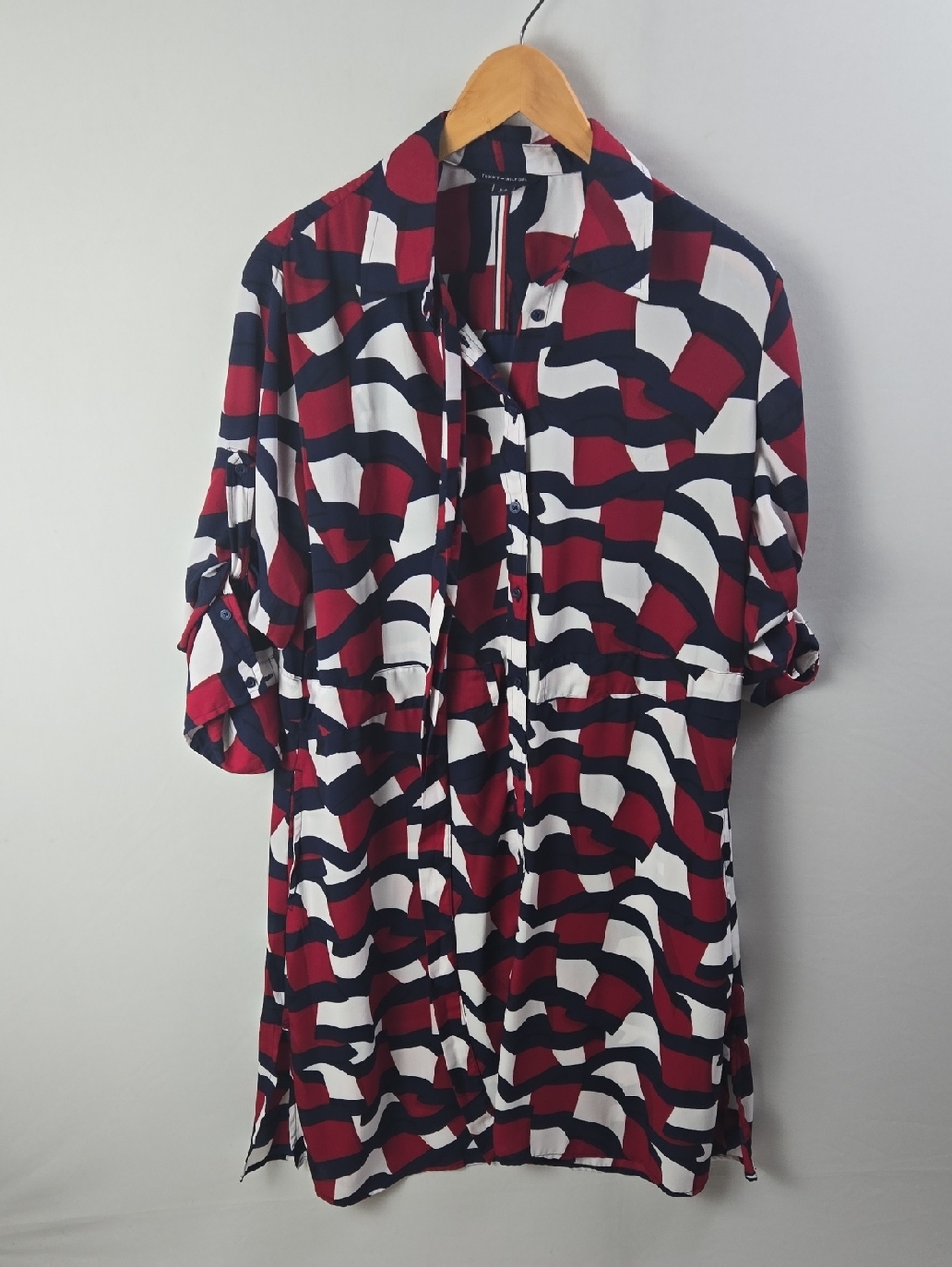 Tommy Hilfiger Womens Viscose Red Blue Printed Shirt Dress Sz S/P Cottagecore